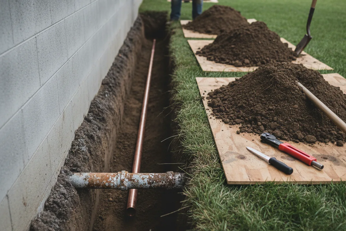 Excavated water line trench during Sewer Line Repair in Rohnert Park